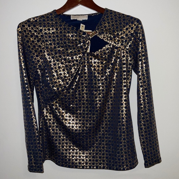 Michael Kors Recycled‑Poly Blouse Midnight Blue w/ Gold Pattern Size S, NWT - Picture 1 of 7